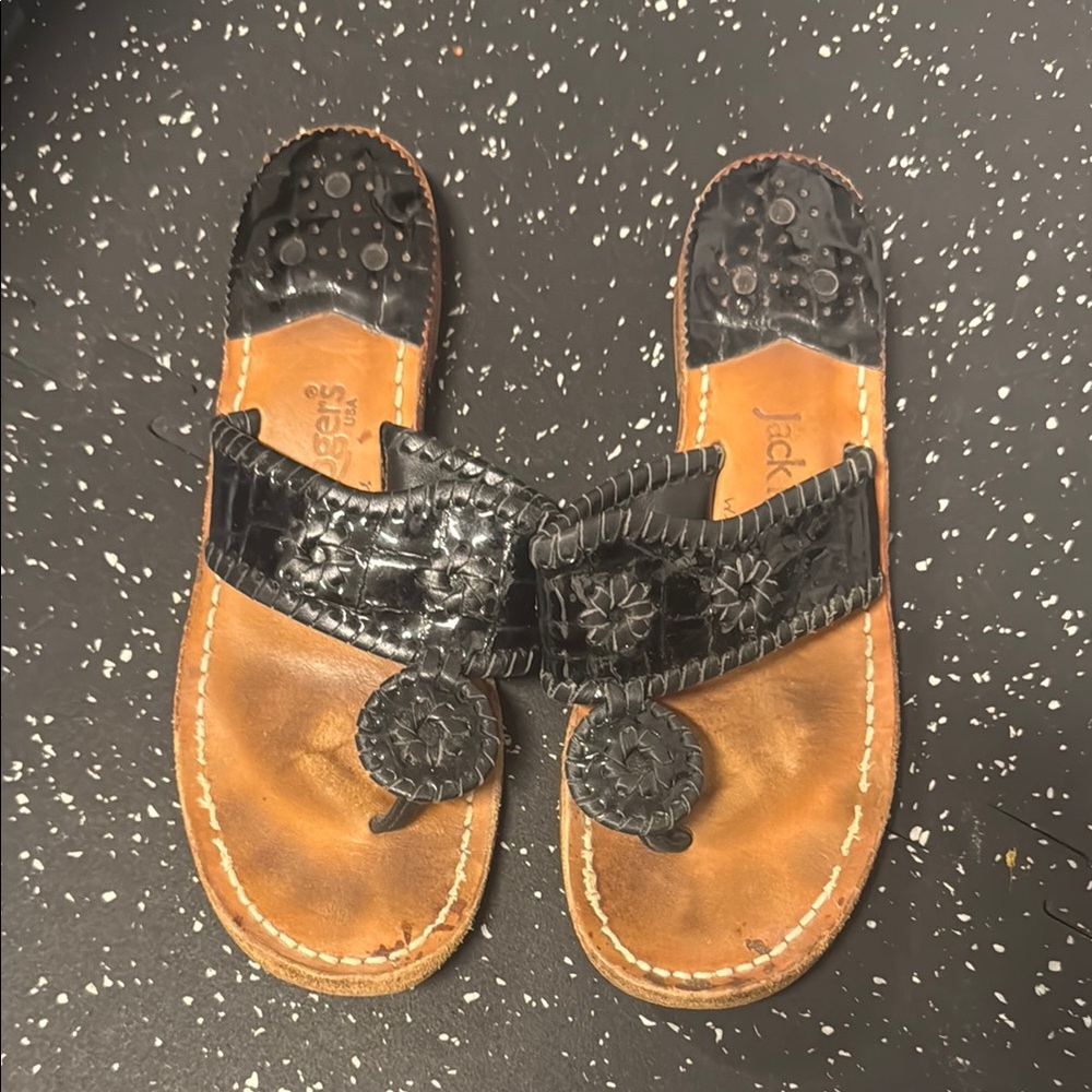 Jack Rogers Black Leather Sandals with Floral Design size 8